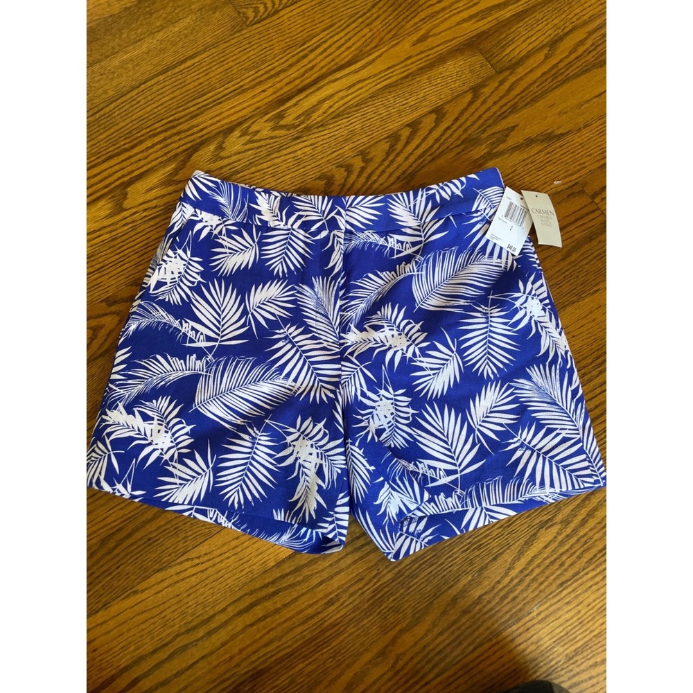 Carmen Marc Valvo Blue White Tropical Palm Leaf Shorts Womens Size 2 NWT $48